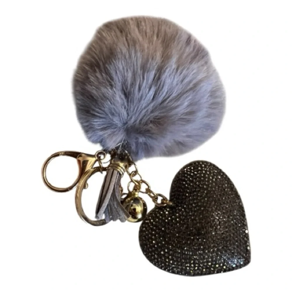 Bag Charm Grey Key Charm Plush Rhinestone Decorated Heart Shaped & Pom Pom